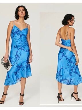 NWT All Saints Alexia Isabella Dress size 8 Blue Printed Slip Midi Dress - Women